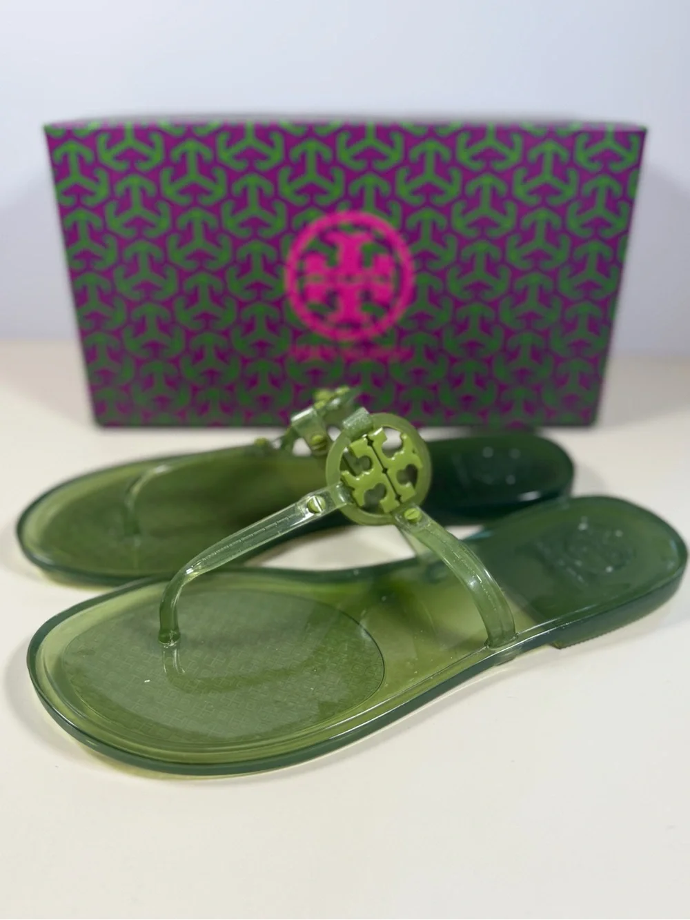 Tory Burch Olive Green Jelly Logo Thong Sandals